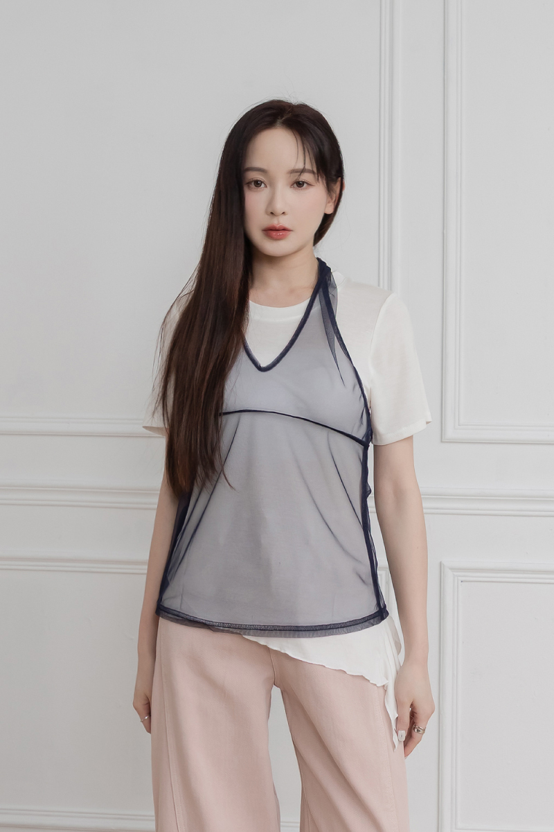 木耳滾邊下襬兩件式網紗背心上衣