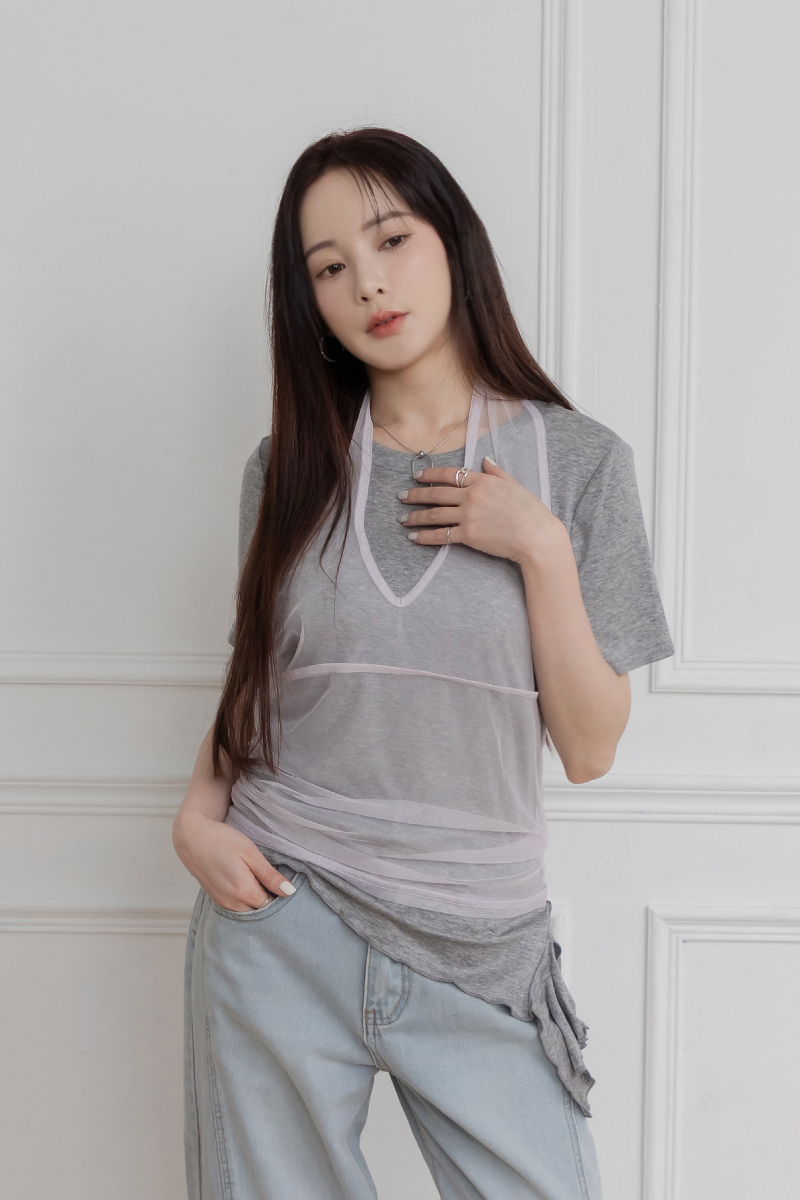 木耳滾邊下襬兩件式網紗背心上衣