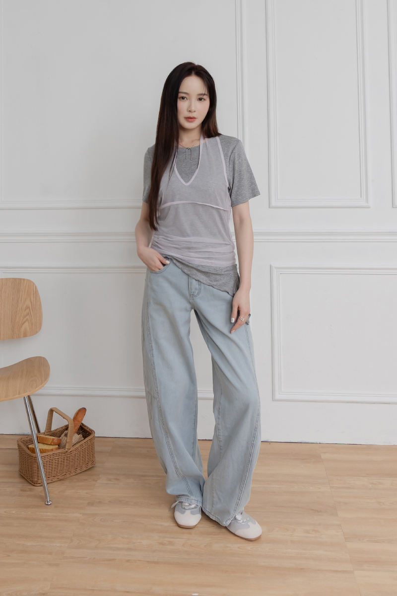 木耳滾邊下襬兩件式網紗背心上衣