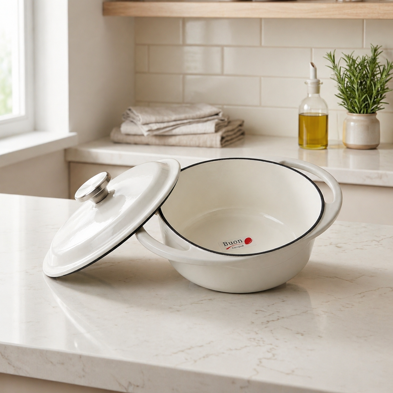 【BUON】鑄鐵鍋-溫潤白(圓型) 鑄鐵鍋 琺瑯 琺瑯鍋 溫潤 廚具 餐具 鍋子 鍋具