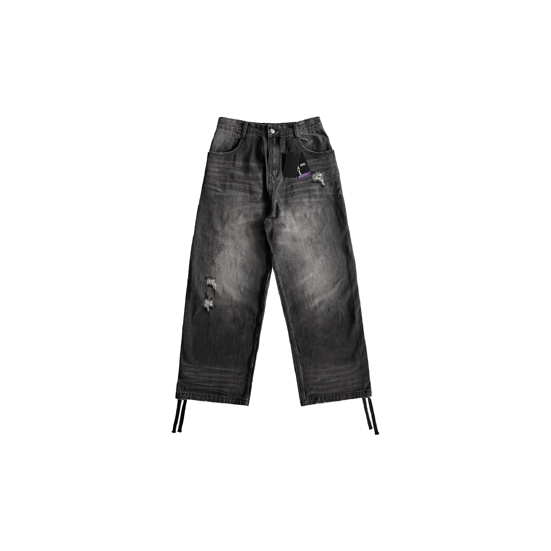 韓國 貓鬚 堆疊 後口袋 磨破 抽繩 牛仔褲