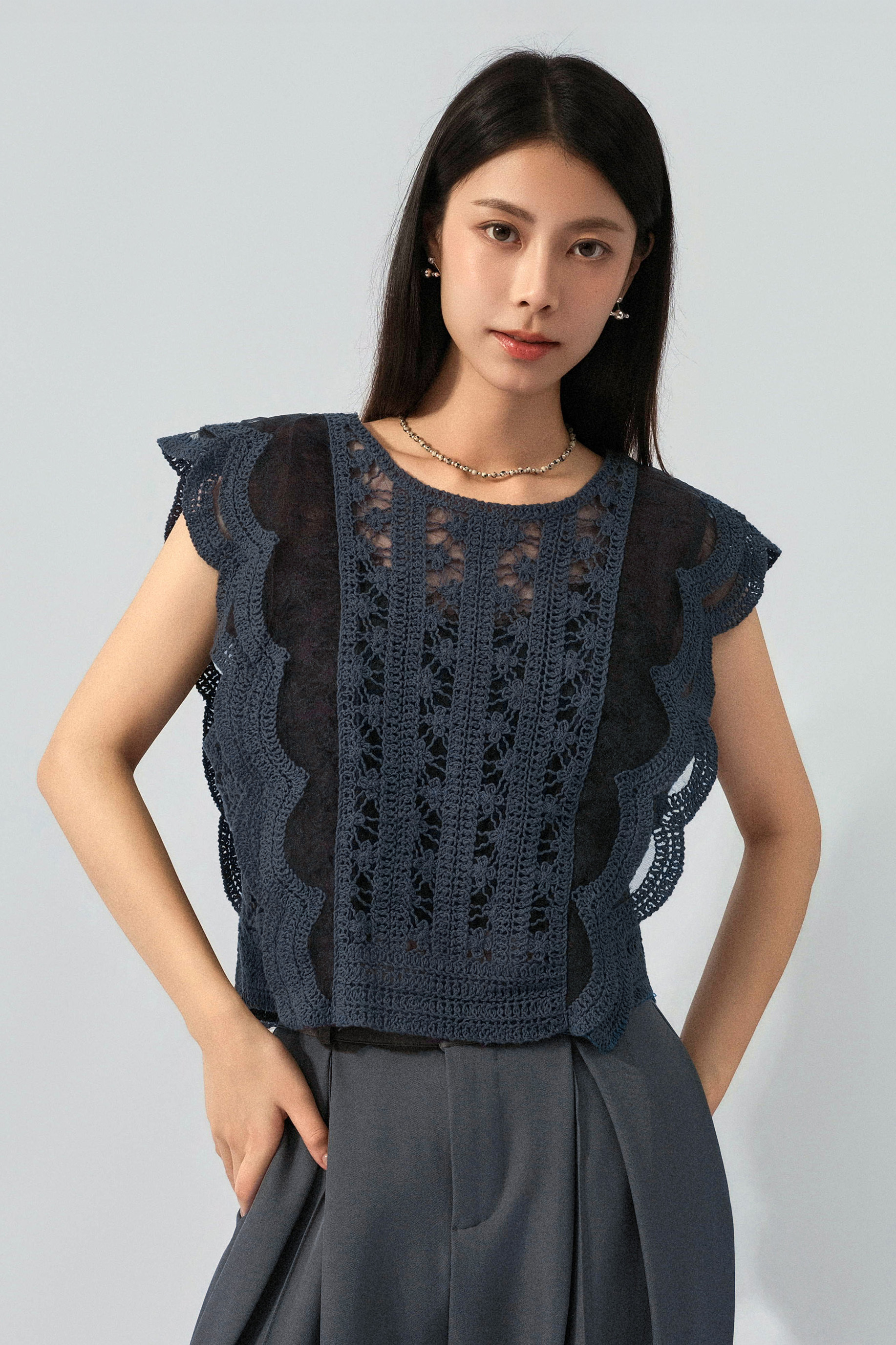 繩鈎花拼網紗背心（預購產品）