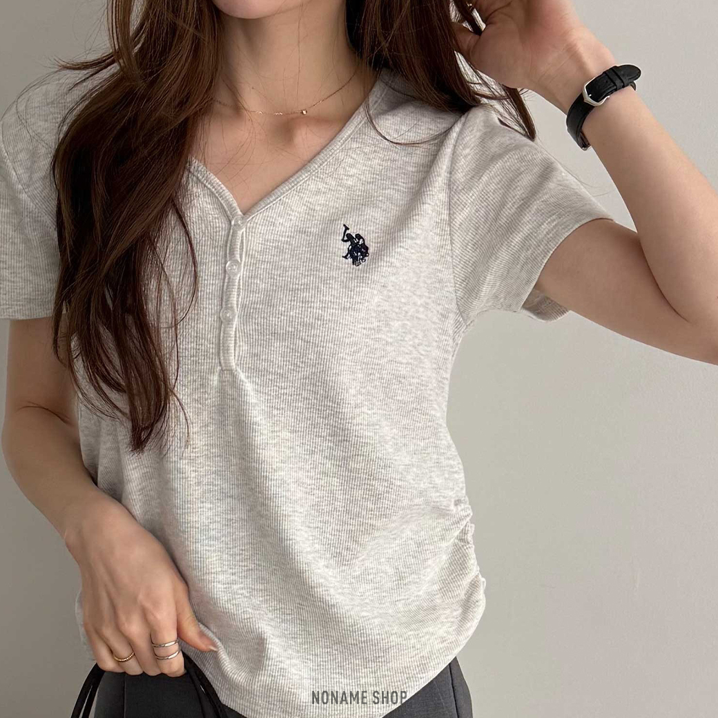 U.S. POLO ASSN. 修身 涼感觸感 V領 亨利 羅紋 短袖 三色 (女款)
