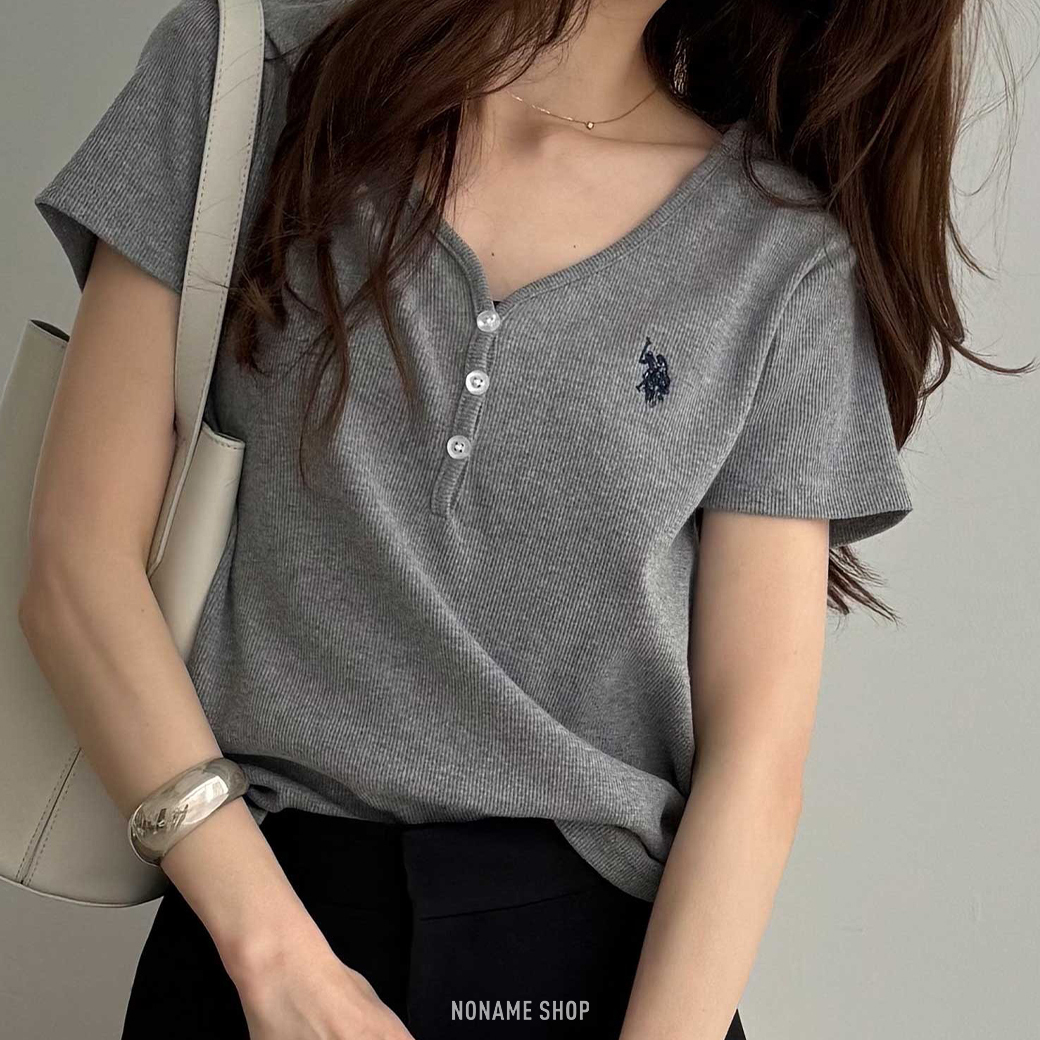 U.S. POLO ASSN. 修身 涼感觸感 V領 亨利 羅紋 短袖 三色 (女款)