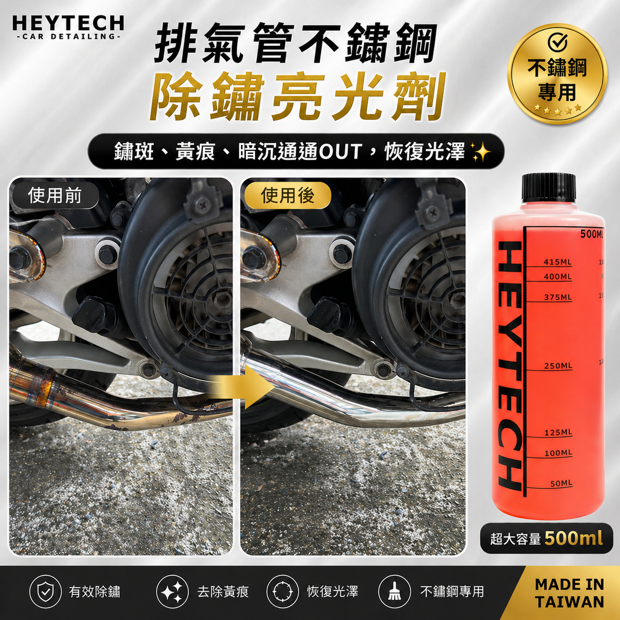 黑炭洗美 不鏽鋼除鏽劑 500ML｜快速分解排氣管鏽斑還原金屬表面光澤質感｜金屬除鏽清潔保養施工適用｜HEYTECH