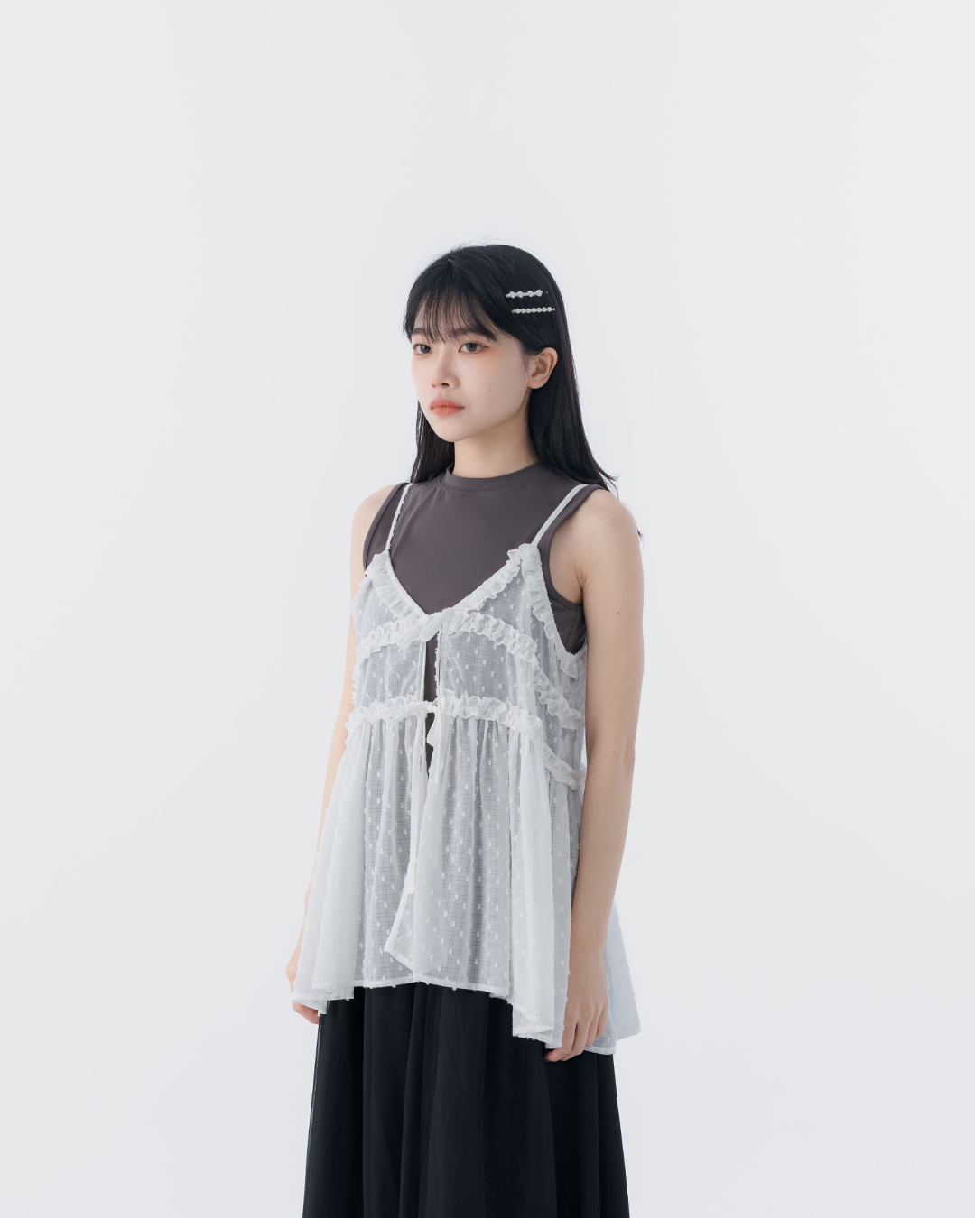 V-neck ruffled strappy spaghetti strap cover-up vest - white【01099580】in stock+pre-order