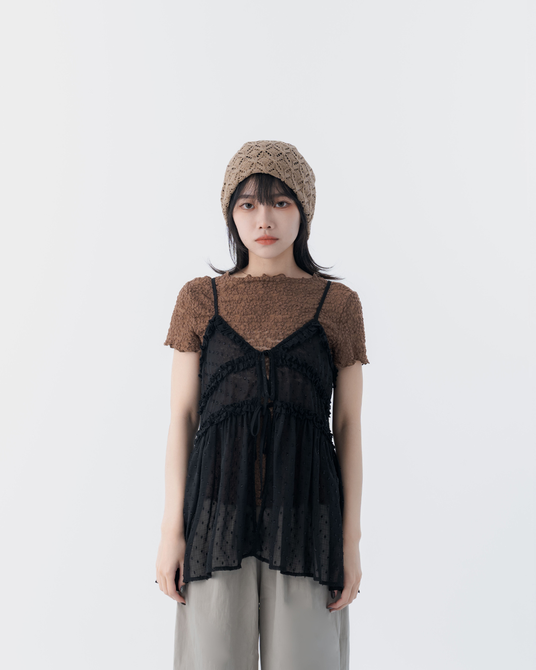 V-neck ruffled strappy spaghetti strap cover-up vest - Black【01099581】in stock+pre-order