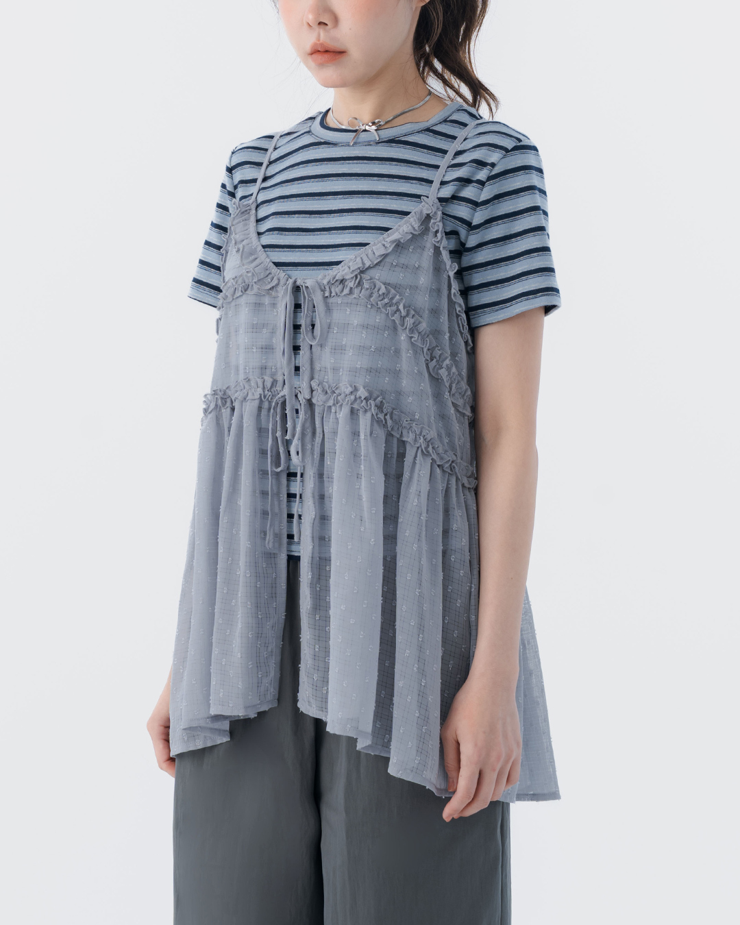 V-neck ruffled strappy spaghetti strap cover-up vest - grey【01099582】in stock+pre-order