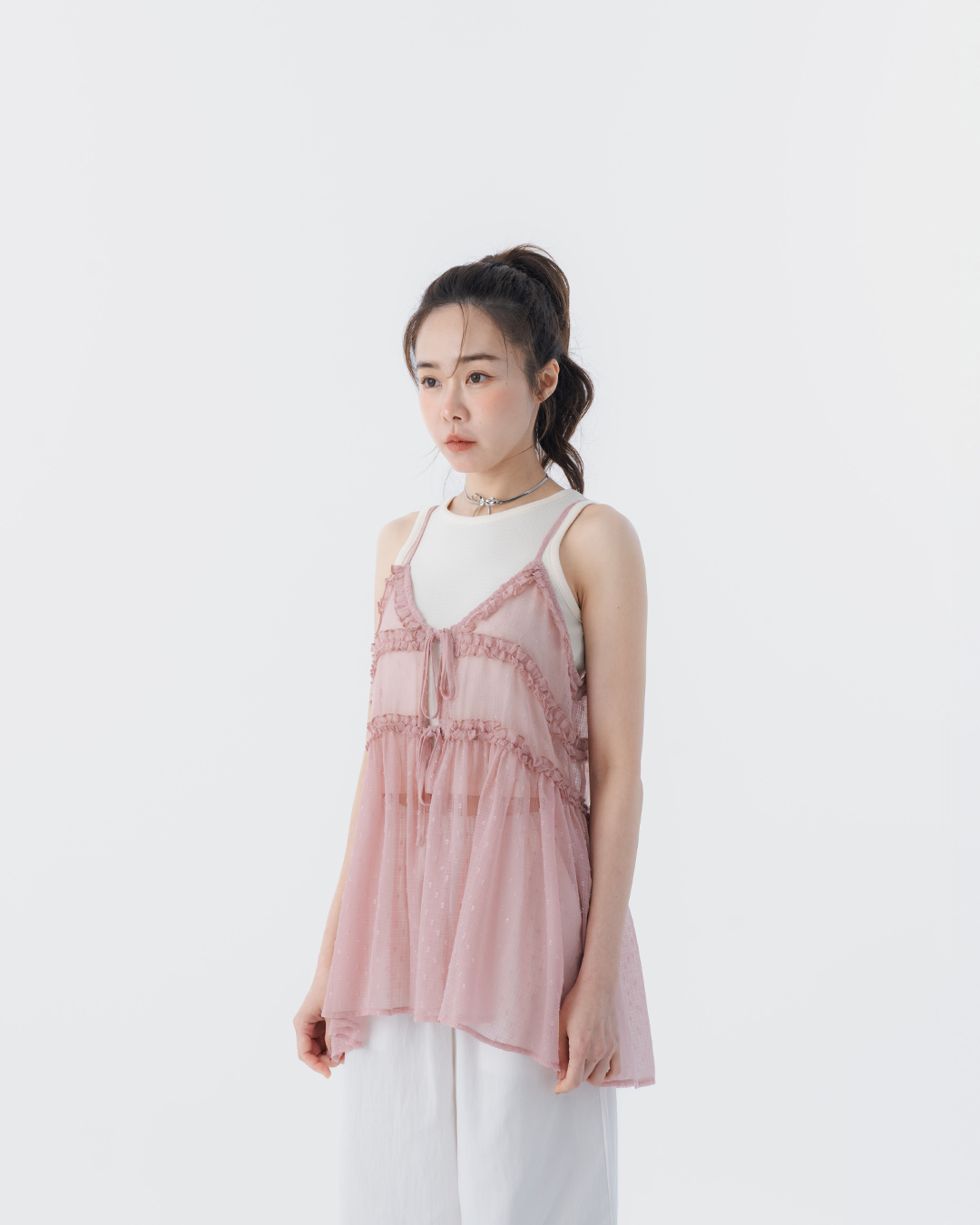 V-neck ruffled strappy spaghetti strap cover-up vest - pink【01099583】in stock+pre-order