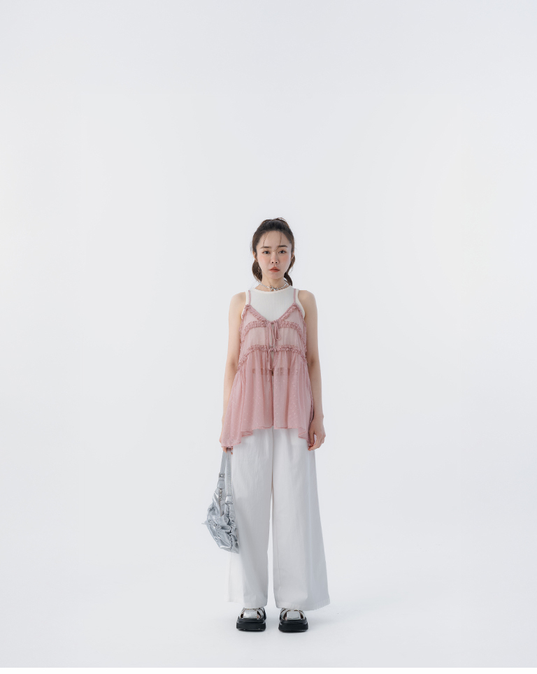 V-neck ruffled strappy spaghetti strap cover-up vest - pink【01099583】in stock+pre-order