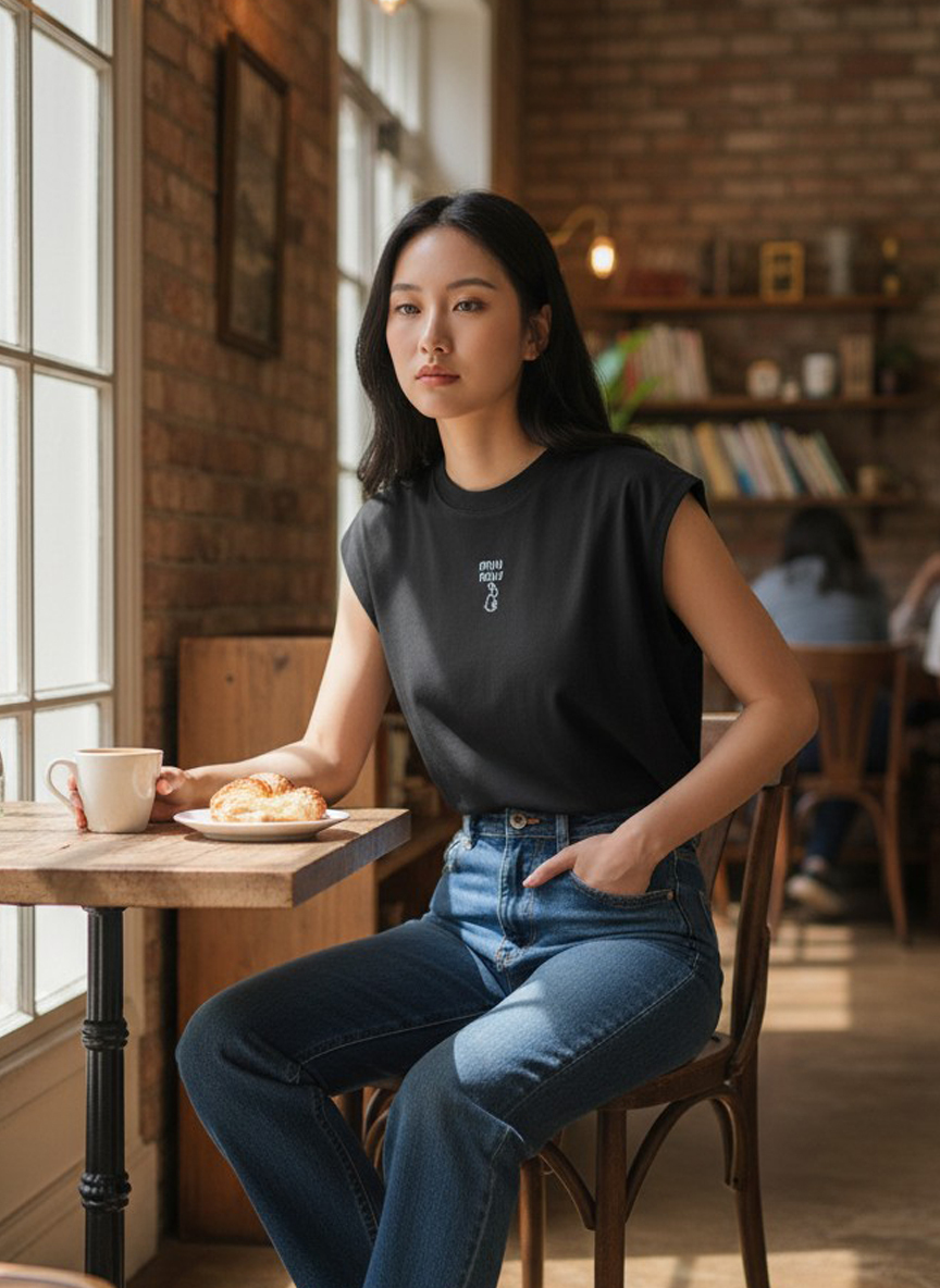 簡單但有型的miu小兔刺繡背心上衣