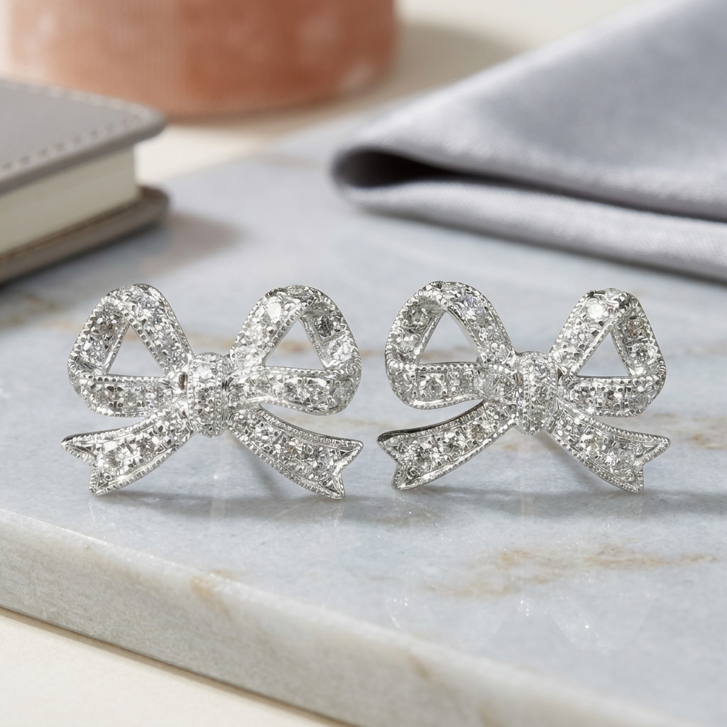 18K金天然鑽石耳釘 - 蝴蝶結