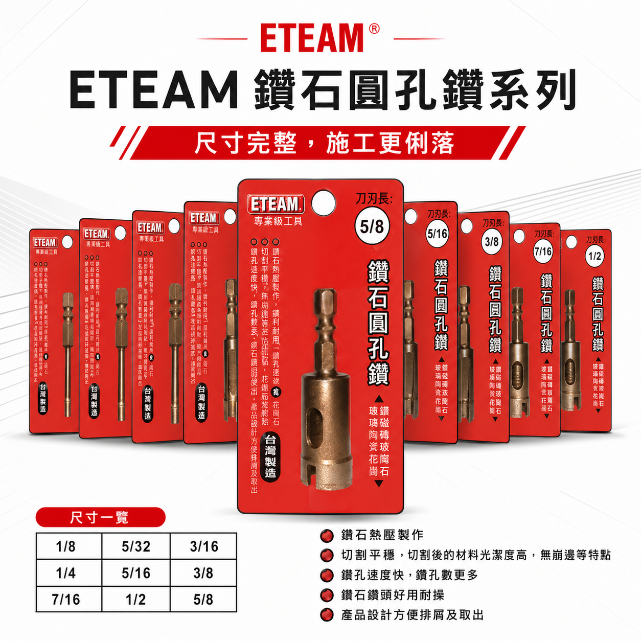 ETEAM 台灣製 一等 SONA｜深色六角軸鑽石圓孔鑽｜六角柄鑽石開孔器 乾濕兩用鑽頭 磚塊玻璃纖維磁磚大理石