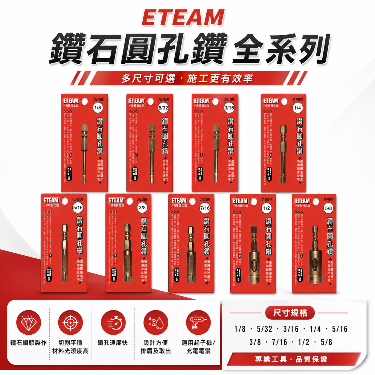 ETEAM 台灣製 一等 SONA｜深色六角軸鑽石圓孔鑽｜六角柄鑽石開孔器 乾濕兩用鑽頭 磚塊玻璃纖維磁磚大理石