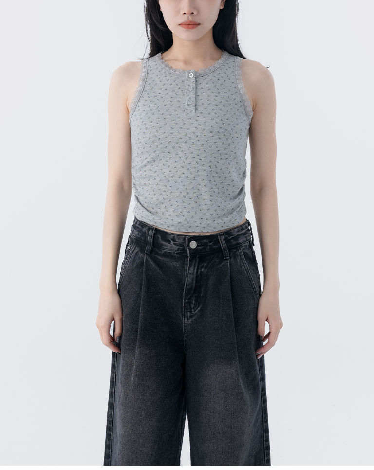 Lace floral print vest with side ruching design, available in two colors, S/M.【01150479】in stock+pre-order