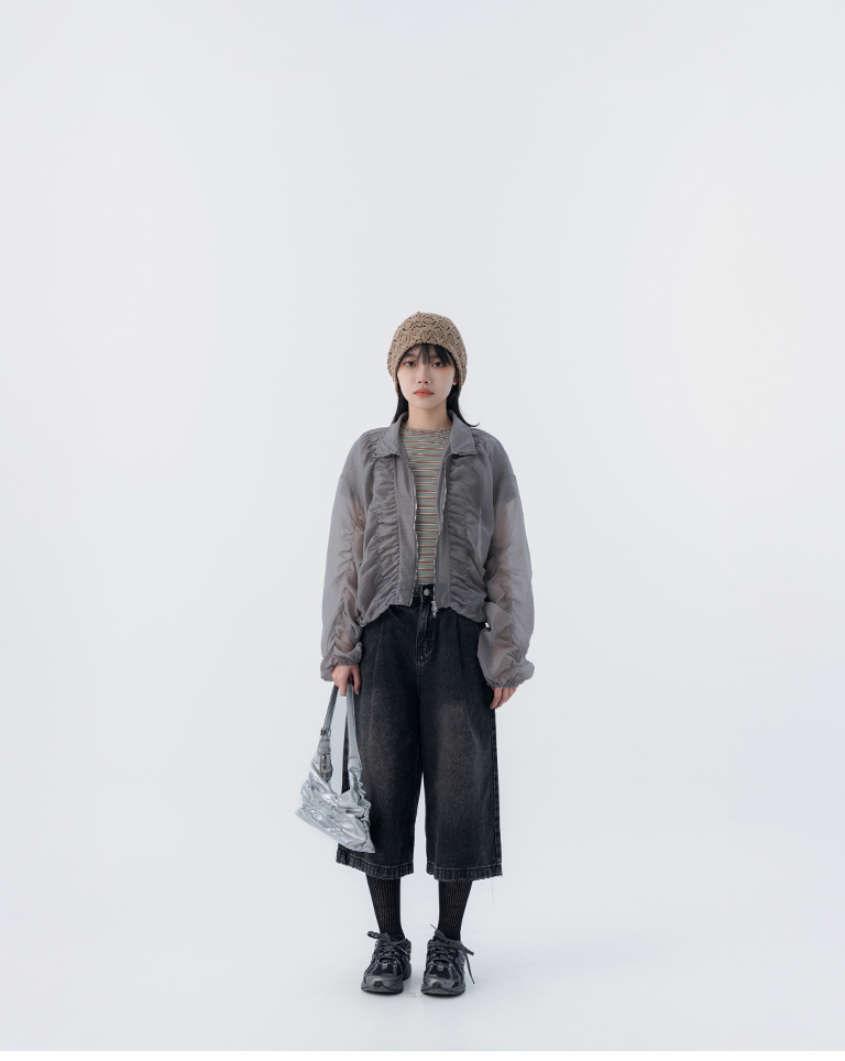 Ruffled design sheer stand-up collar mesh jacket, available in three colors【02071719】in stock+pre-order