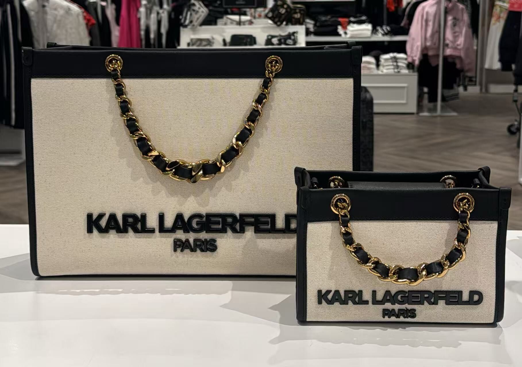 【預購】H042917 KARL LAGERFELD 帆布拼接鏈條托特包