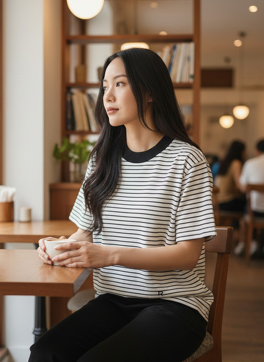 日系清新百搭款★細條紋拼色領口棉T