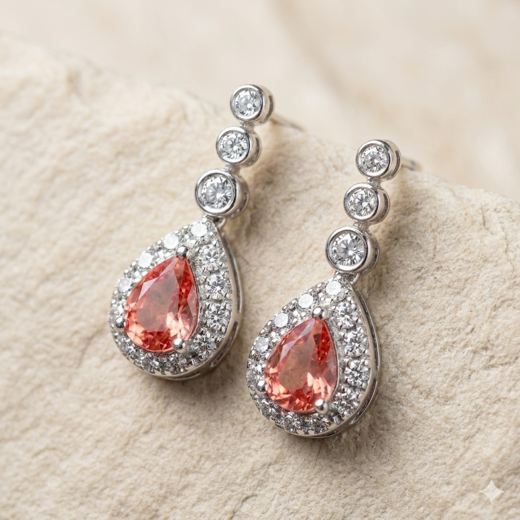 18K金Padparadscha鑽石復古耳釘 - 日落色