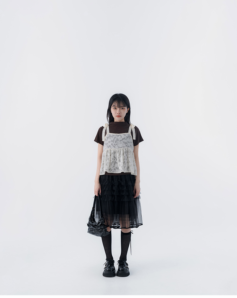 Multi-layered ruffled mesh midi skirt, available in two colors.【03010956】in stock+pre-order