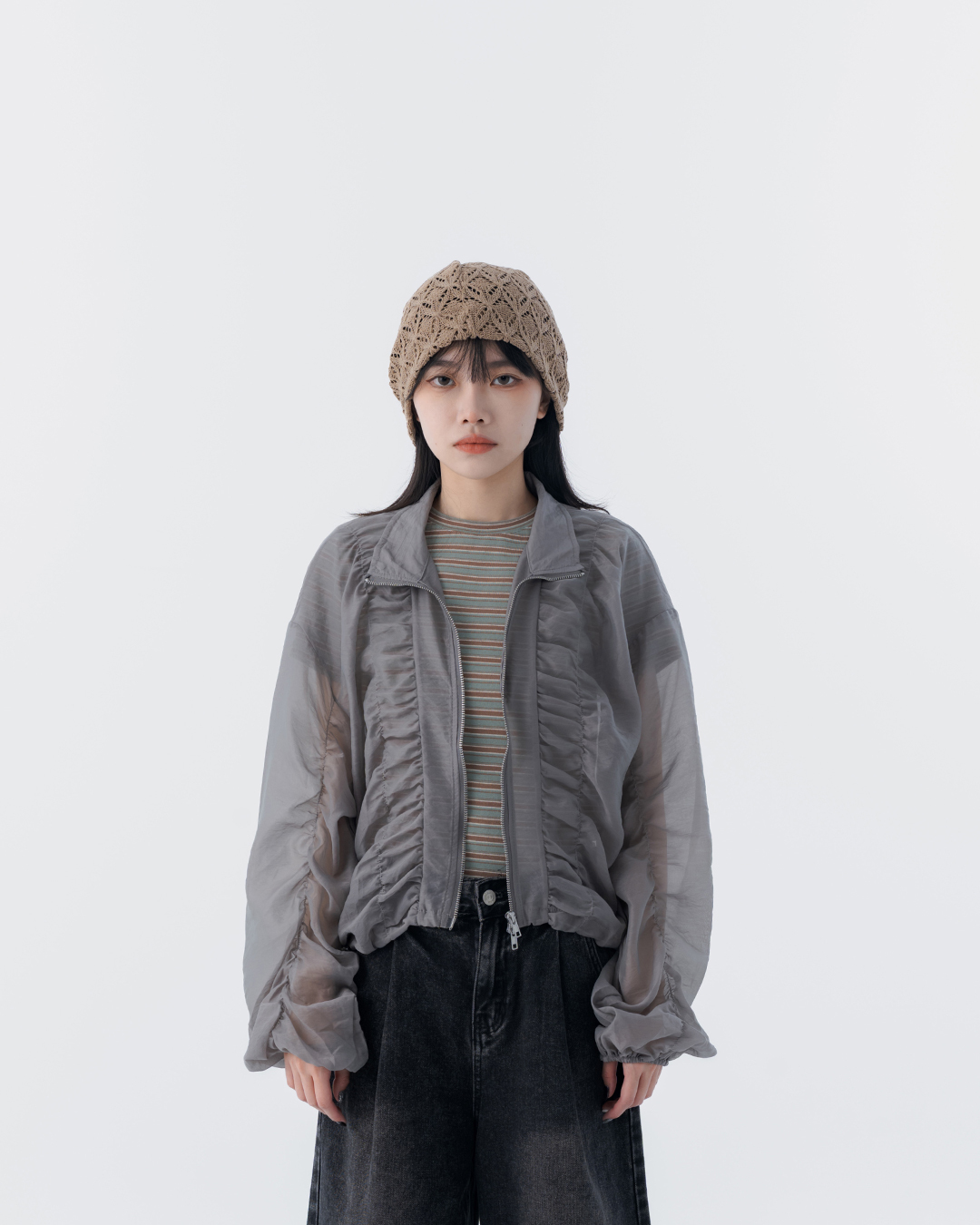 Ruffled design sheer stand-up collar mesh jacket, available in three colors【02071719】in stock+pre-order