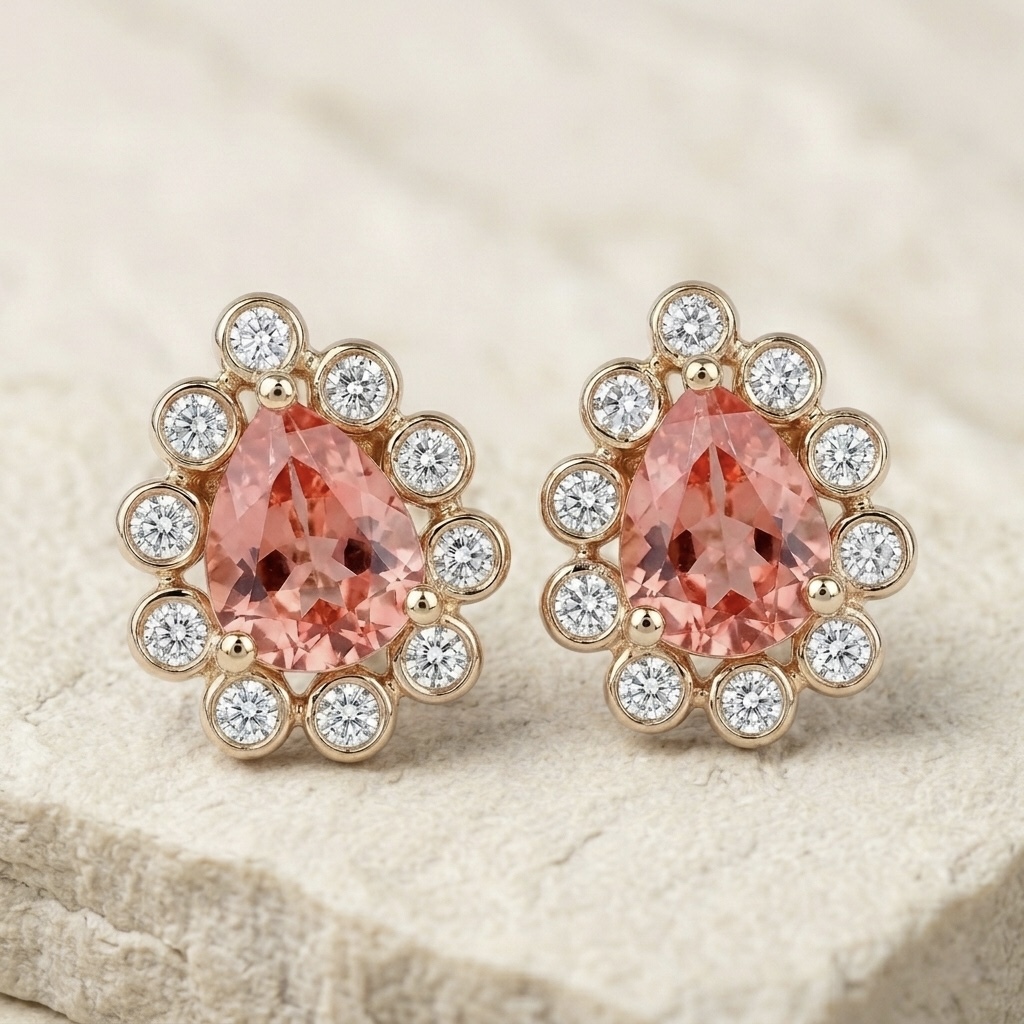 18K金Padparadscha鑽石復古耳釘 - 日落色