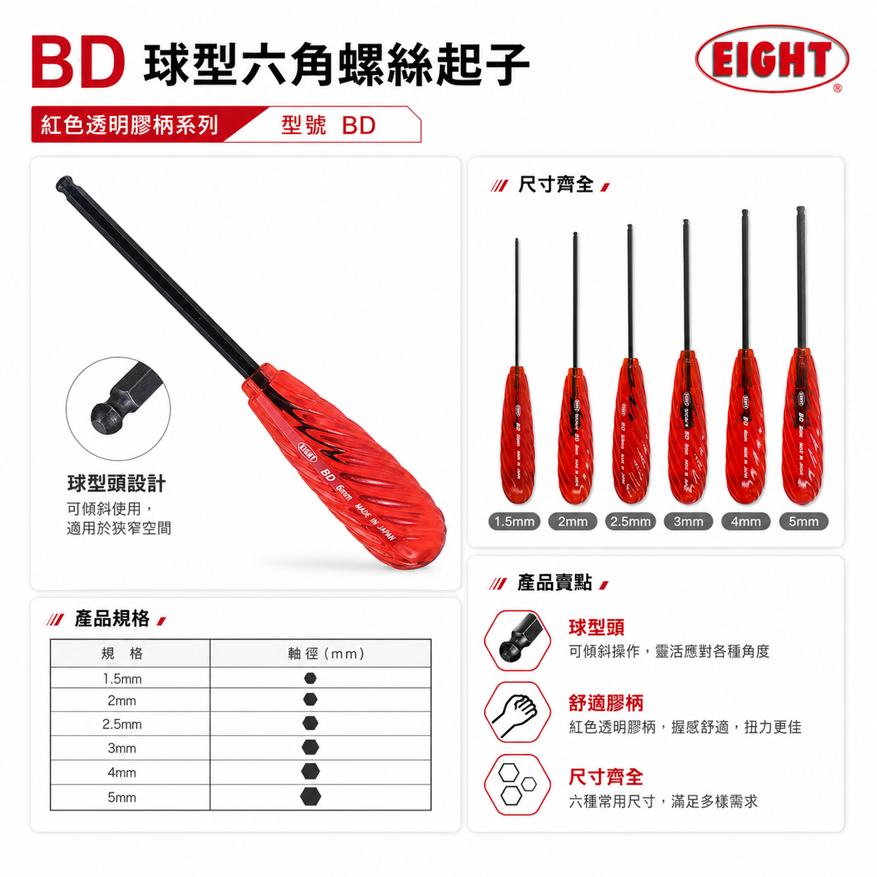 日本製 EIGHT 八尾｜2-8mm 紅色膠柄球型六角型螺絲起子 球頭-螺絲六角型起子 內六角板手｜BD型
