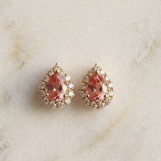 18K金水滴形Padparadscha鑽石復古耳釘 - 日落色