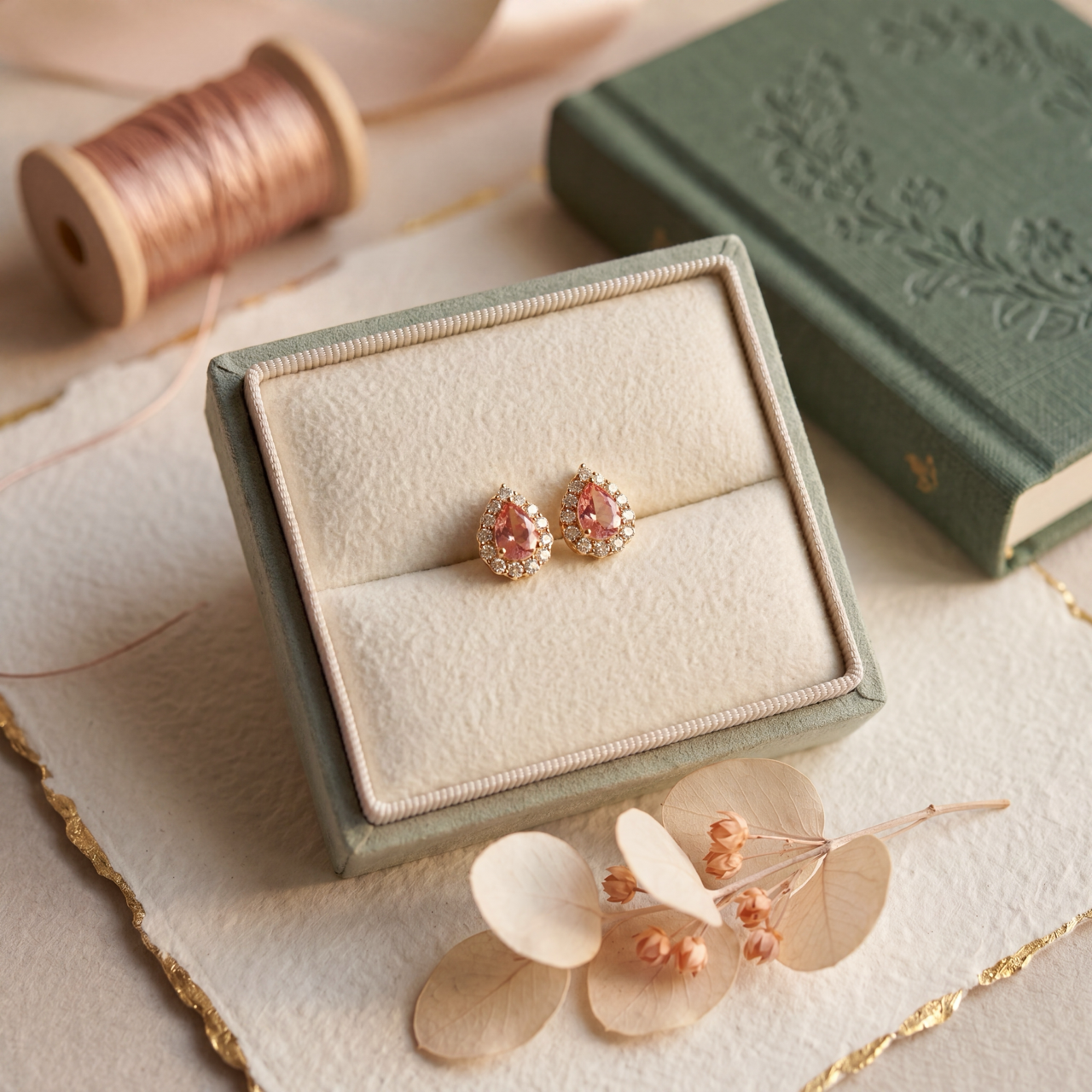 18K金水滴形Padparadscha鑽石復古耳釘 - 日落色