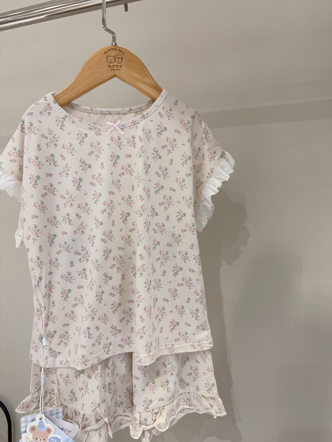 M33冰淇淋家 蕾絲袖粉花短褲家居服套裝