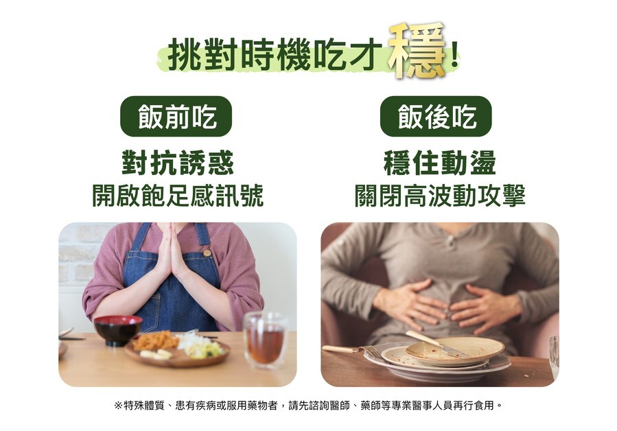 醣勝君飯前吃能減少飢餓感、並更容易有飽足感適合想減肥的人吃，飯後吃可以穩定血糖波動適合糖尿病的人吃