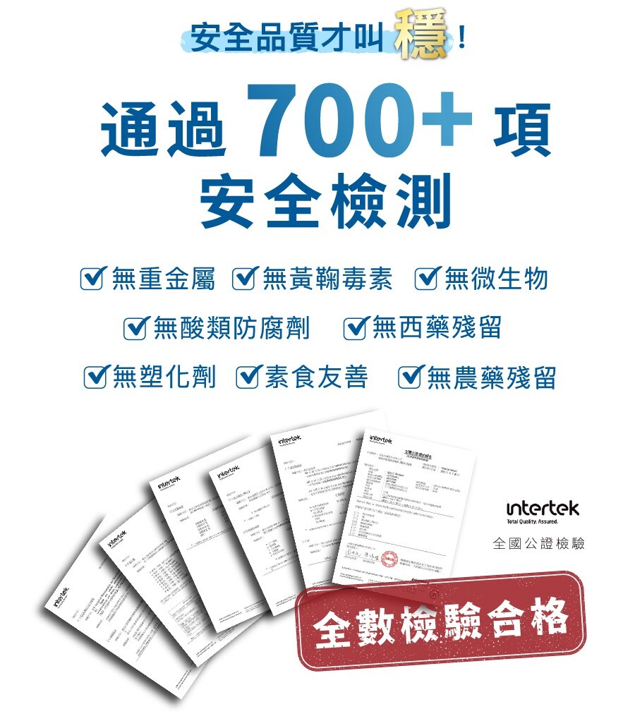 醣勝君通過700項以上安全檢驗，不含重金屬、黃麴毒素、微生物、防腐劑、西藥殘留、塑化劑、農藥