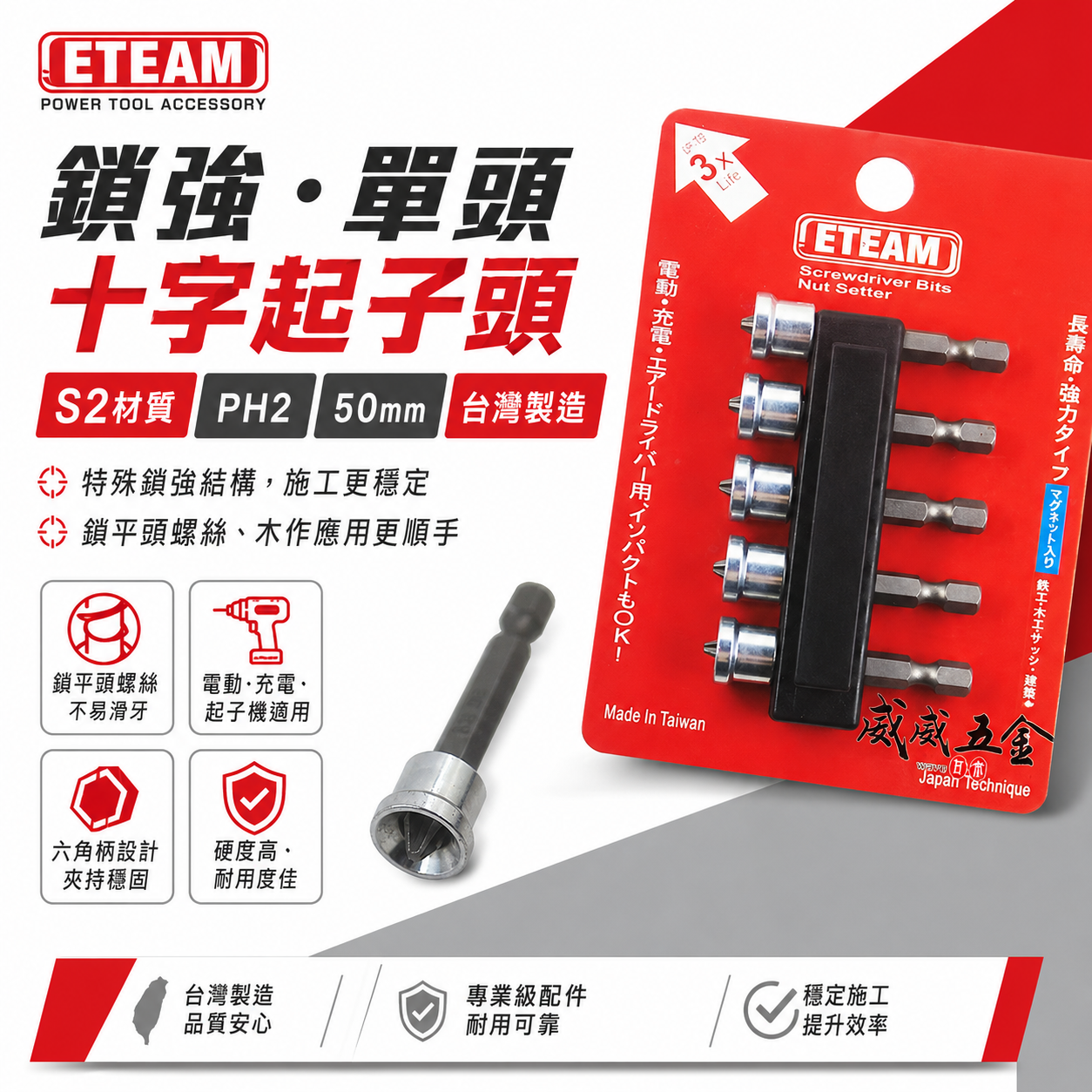 ETEAM 一等｜PH2 長 50mm｜鎖平頭螺絲 木頭 較不會鎖到凹進去｜鎖強-單頭十字起子頭｜單頭十字頭