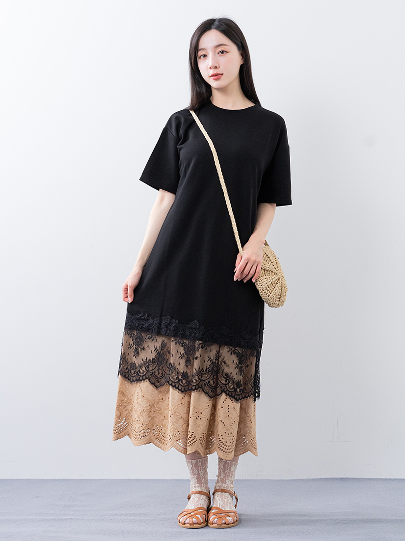 下擺蕾絲剪接連身裙繡花純棉寬褲組合