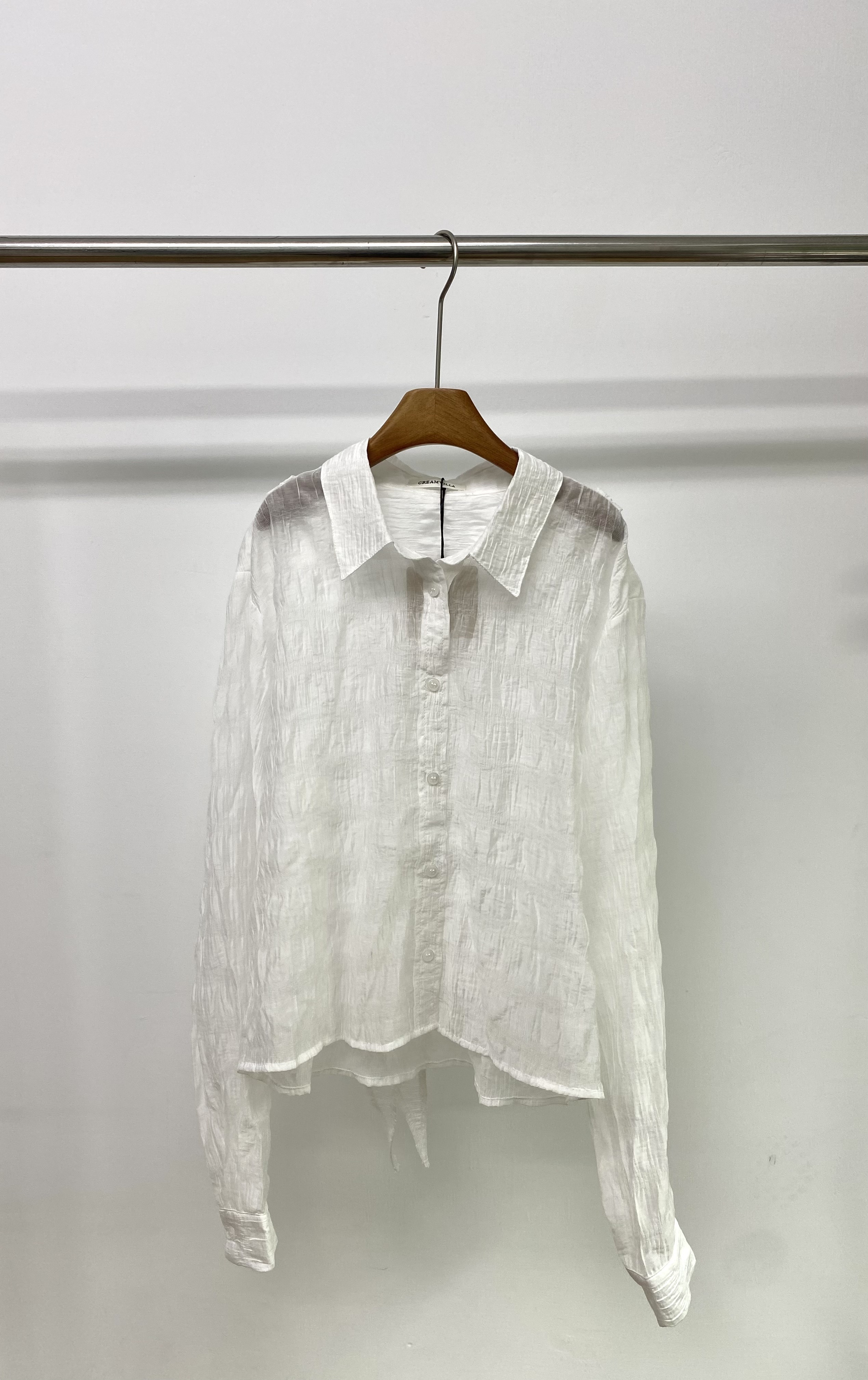 W00186韓製透紗綁帶假兩件襯衫