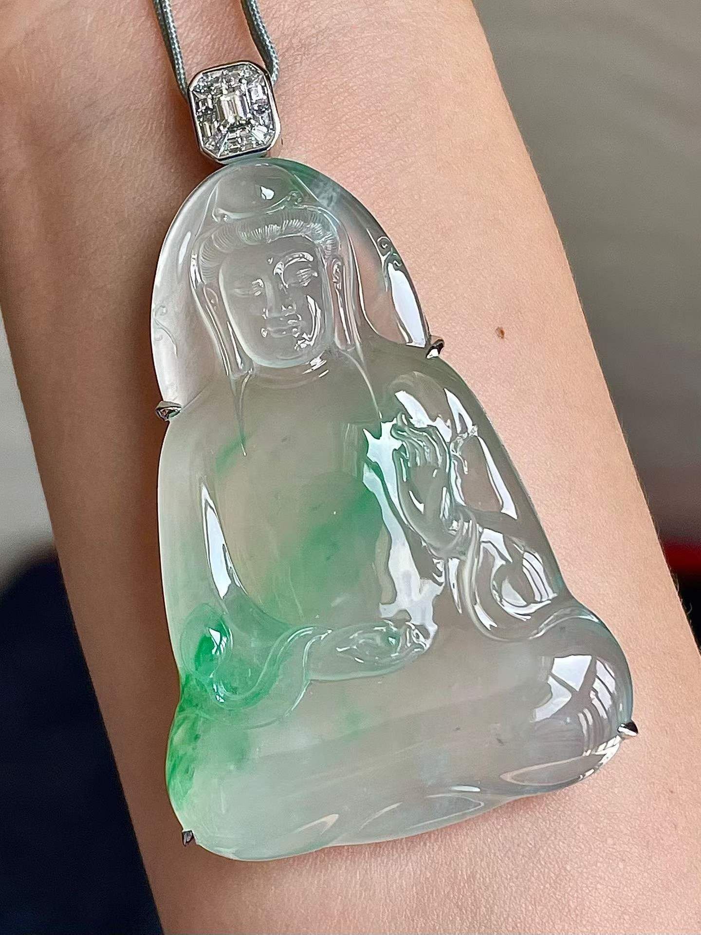 翡翠玻璃種飄陽綠觀音吊墜,天然翡翠A玉, 緬甸玉, Jade, Jadeite