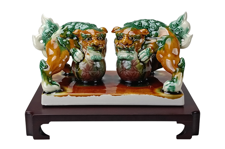鹿港窯禮品館｜唐三彩祥獅獻瑞4寸 吉祥瑞獸擺件 開運收藏送禮首選