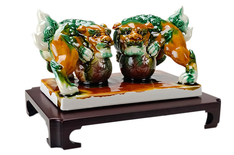 鹿港窯禮品館｜唐三彩祥獅獻瑞4寸 吉祥瑞獸擺件 開運收藏送禮首選