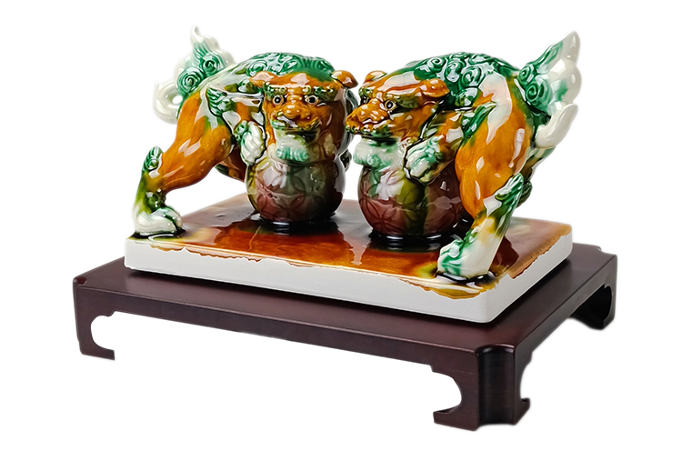 鹿港窯禮品館｜唐三彩祥獅獻瑞4寸 吉祥瑞獸擺件 開運收藏送禮首選