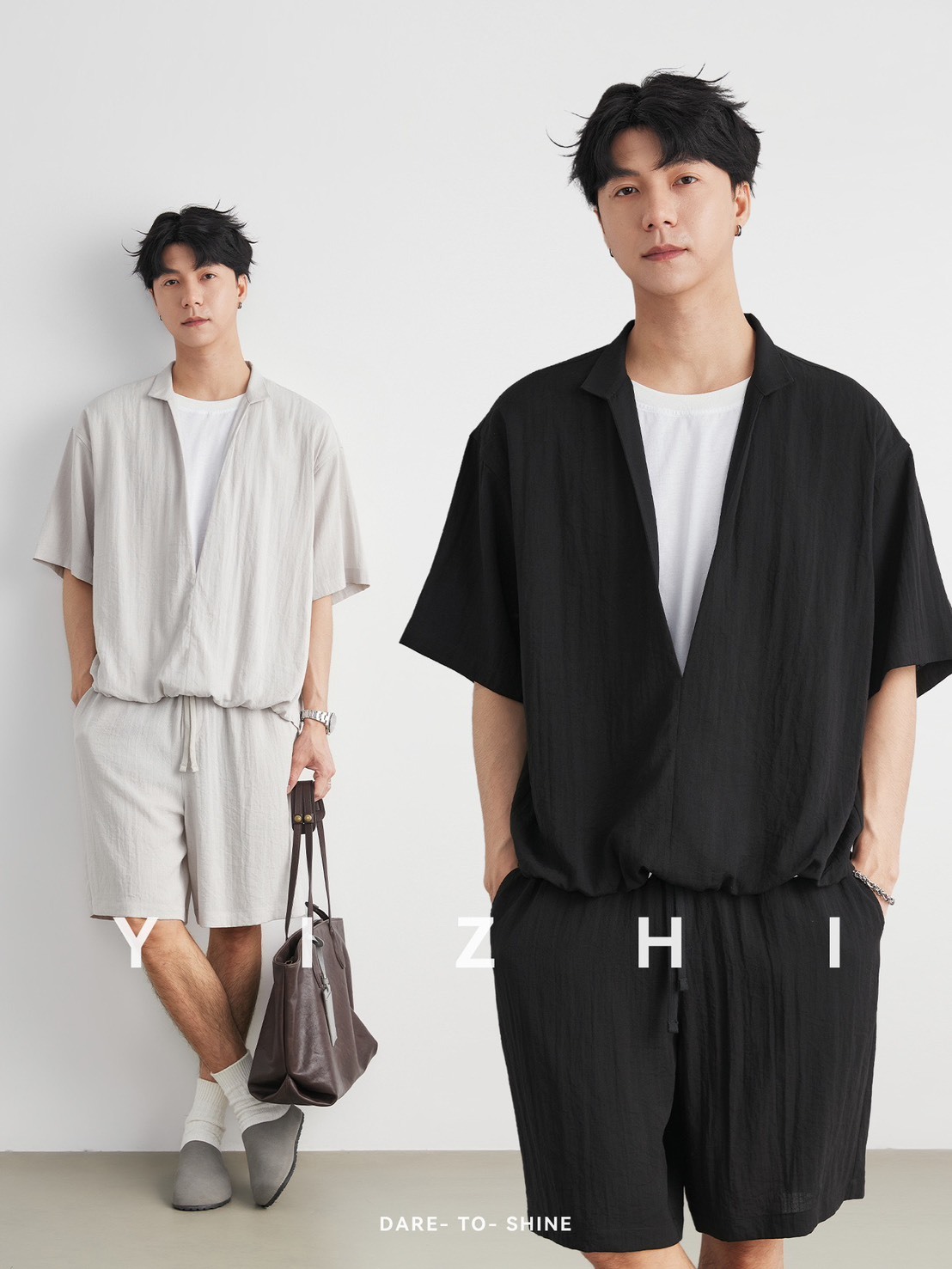 No.7010 男款棉麻V領假兩件套裝