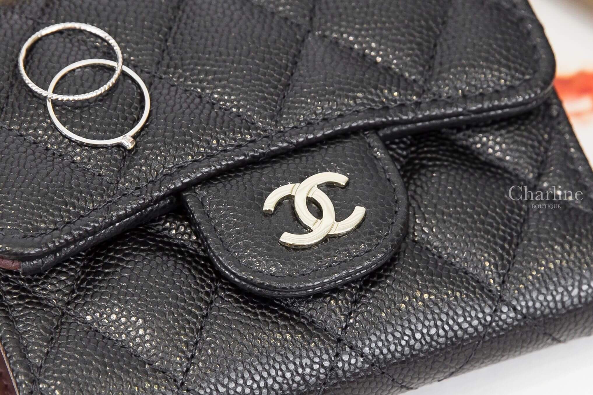 Chanel Small Wallet 黑色金CC酒紅內裡荔枝菱格紋三折短夾