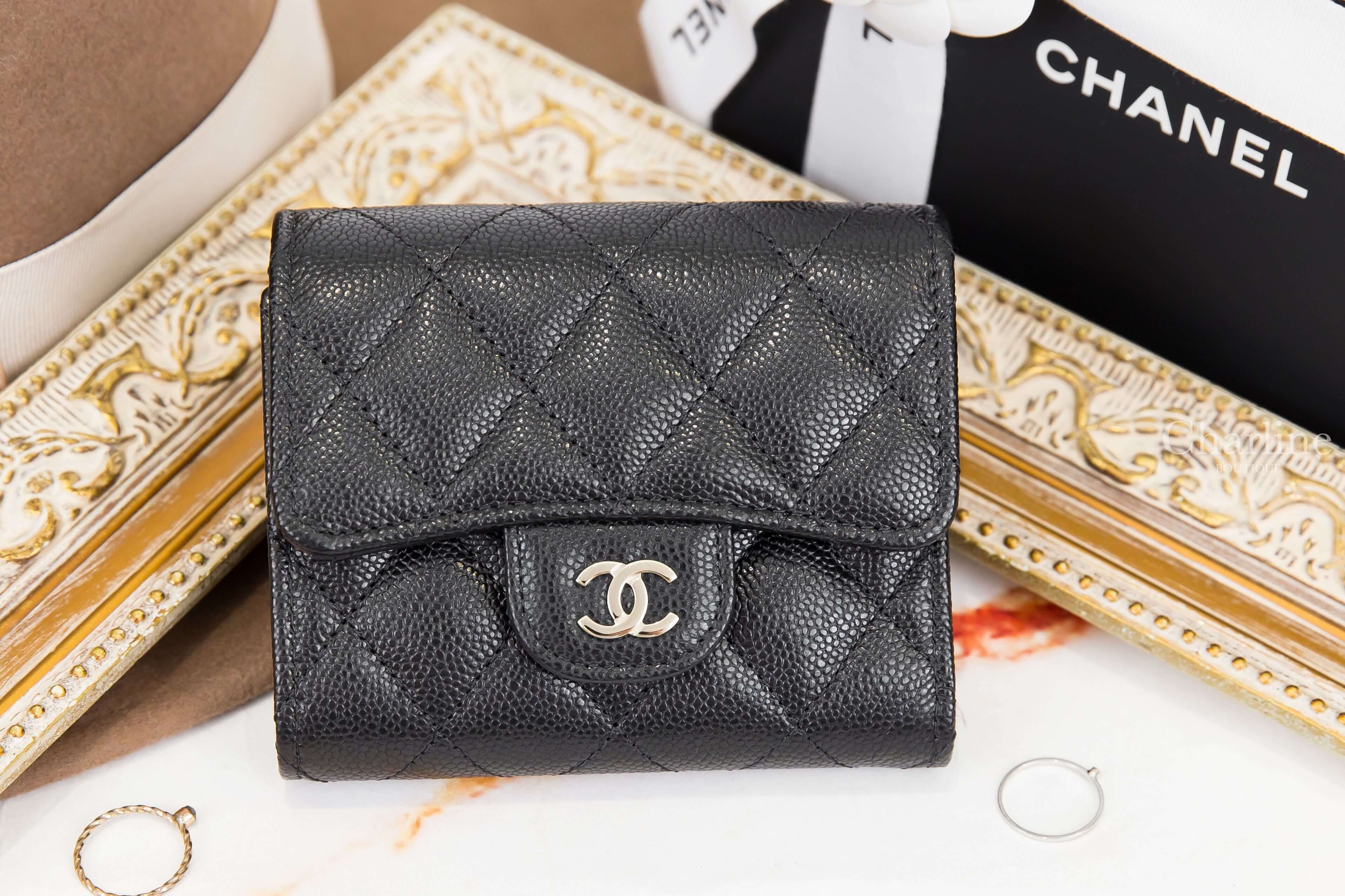 Chanel Small Wallet 黑色金CC酒紅內裡荔枝菱格紋三折短夾