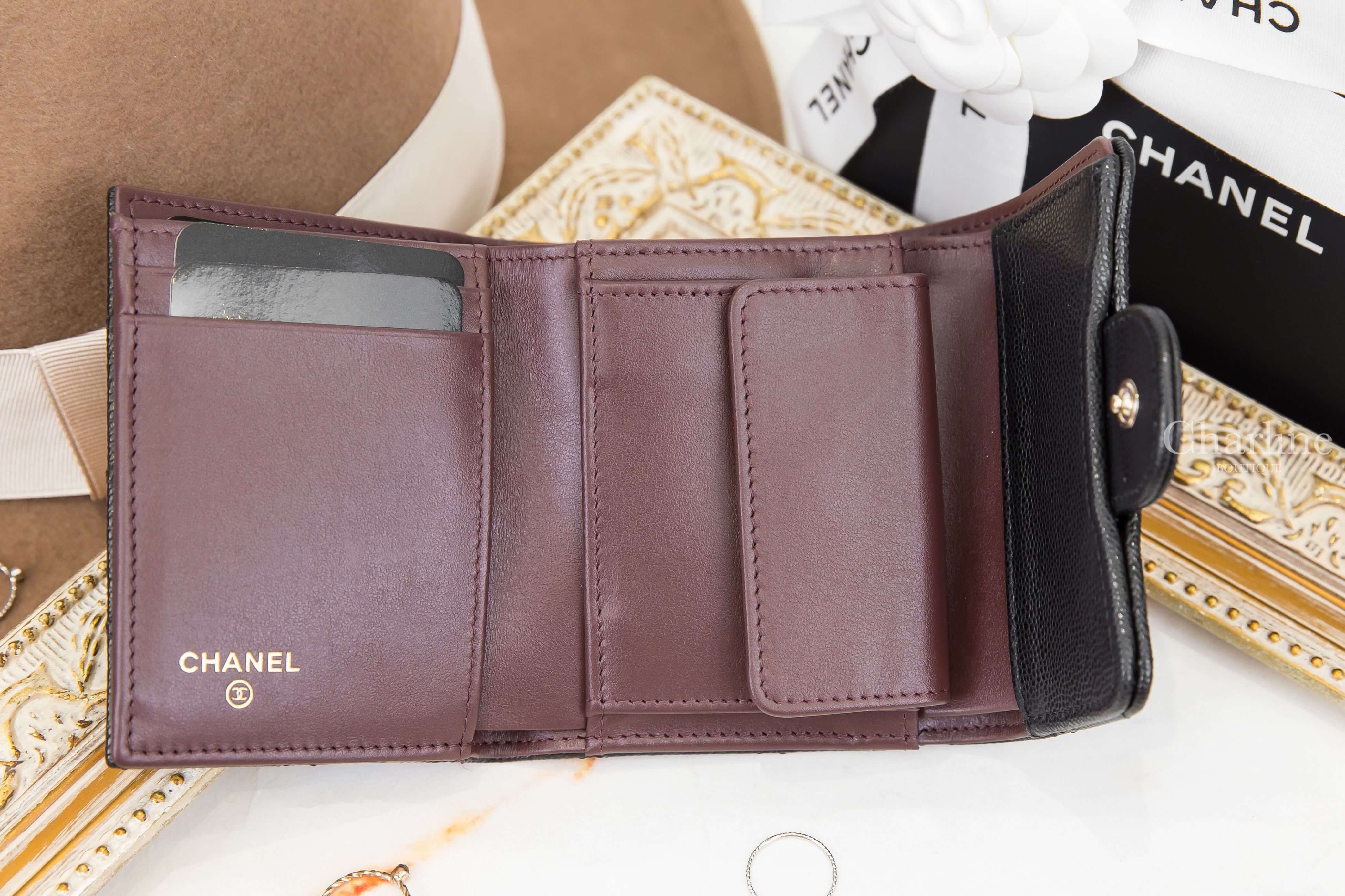 Chanel Small Wallet 黑色金CC酒紅內裡荔枝菱格紋三折短夾-Charline Boutique 精品代購