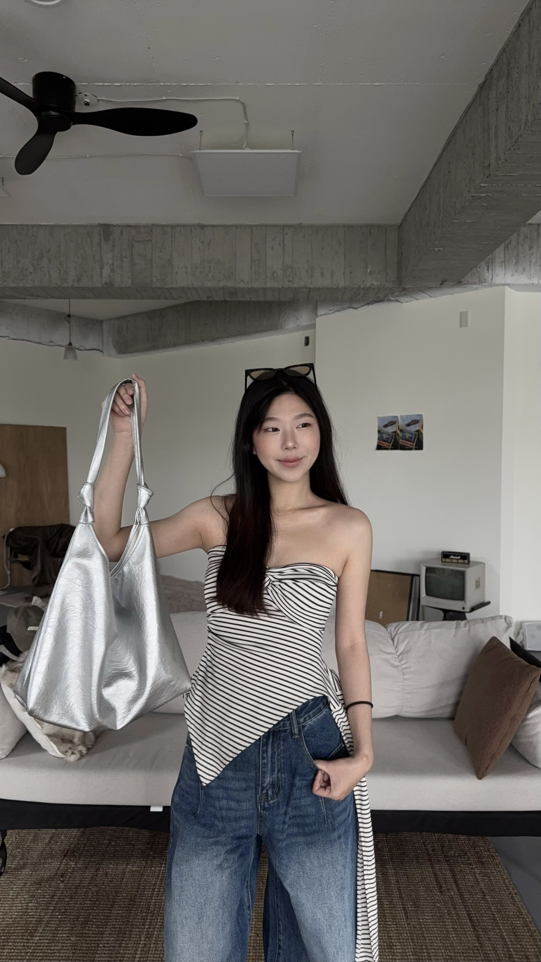 波希米亞感-條紋扭結平口上衣