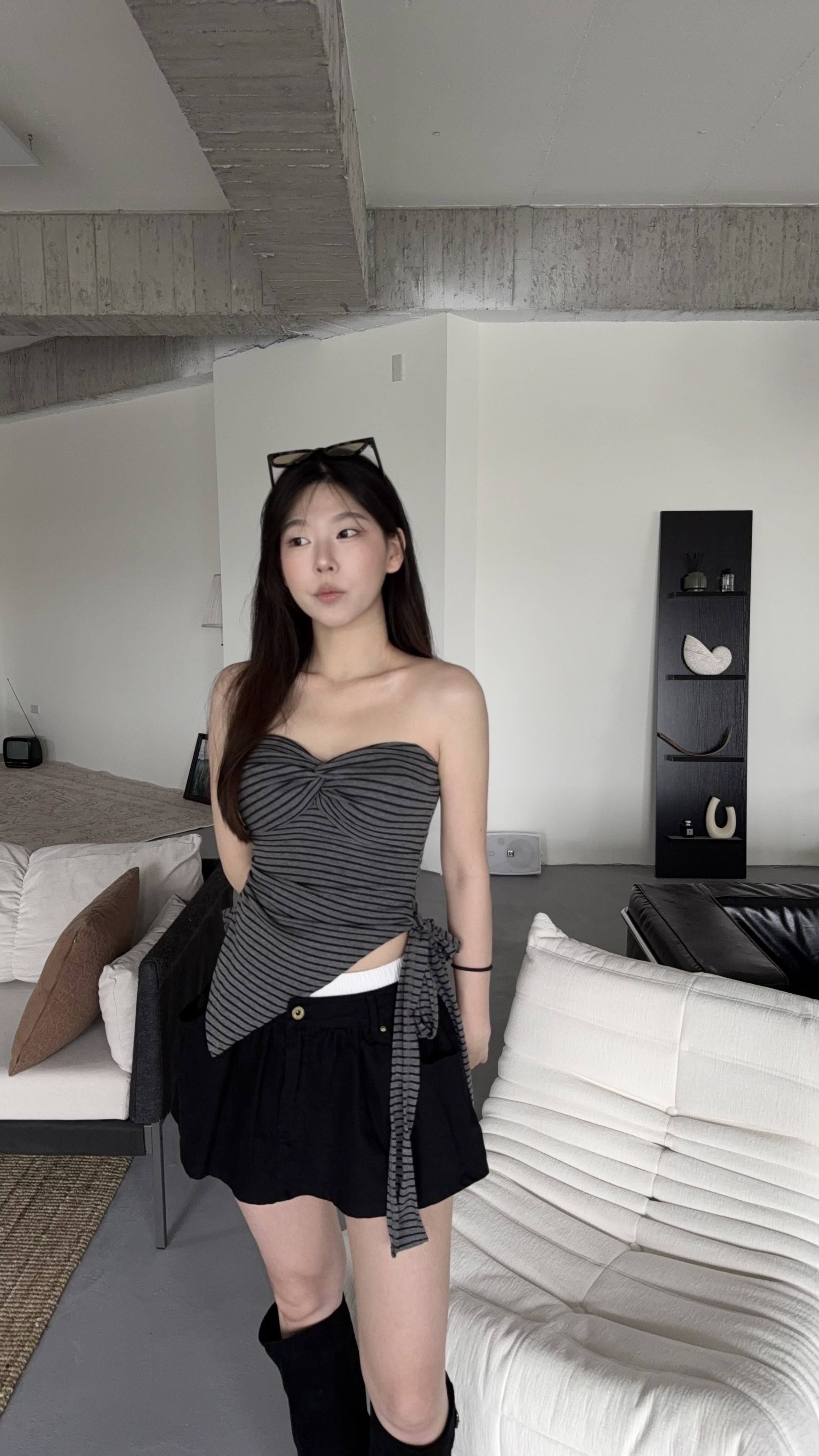 波希米亞感-條紋扭結平口上衣