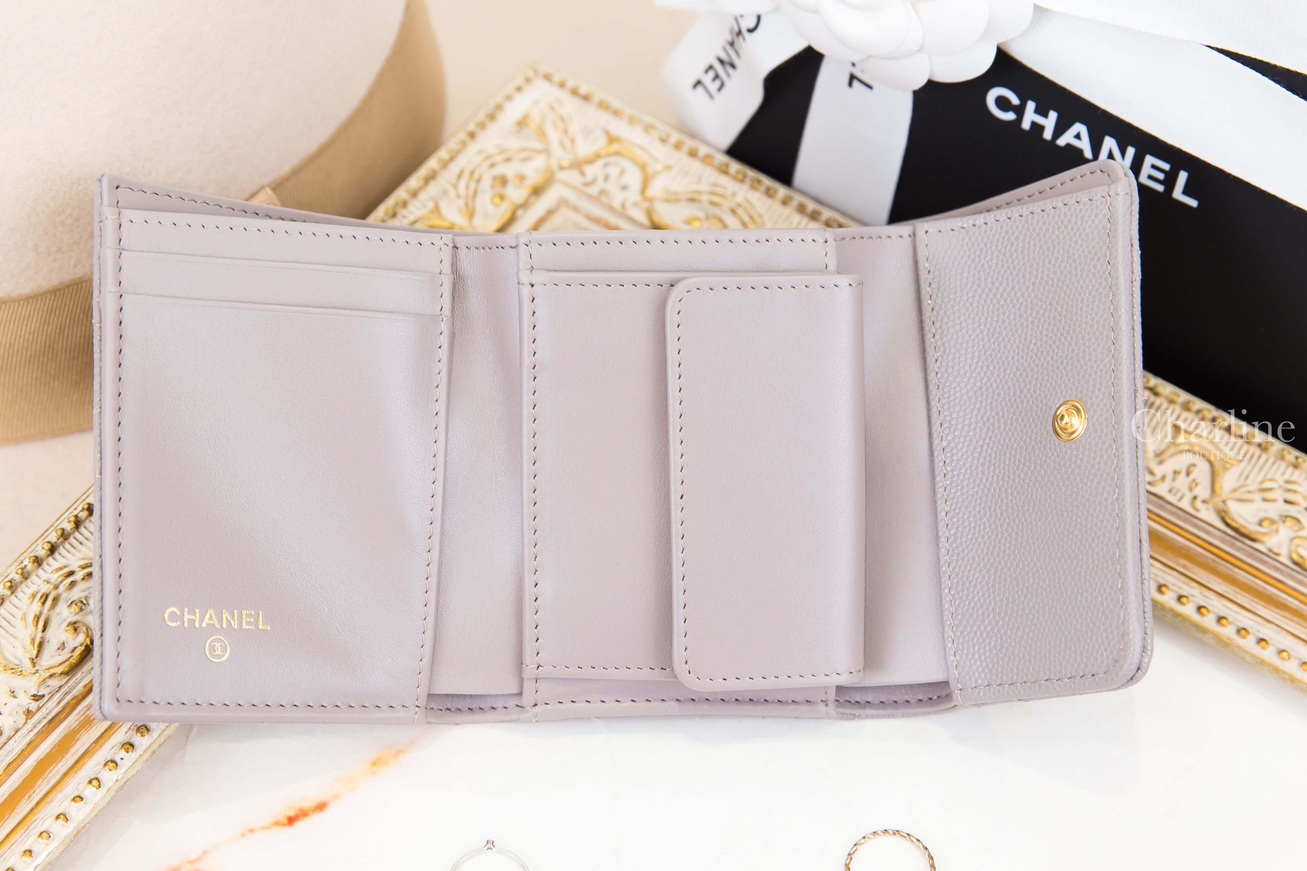 Chanel Small Double Wallet 灰色扭轉交織水鑽點綴金CC荔枝菱格紋三折短夾-Charline Boutique 精品代購