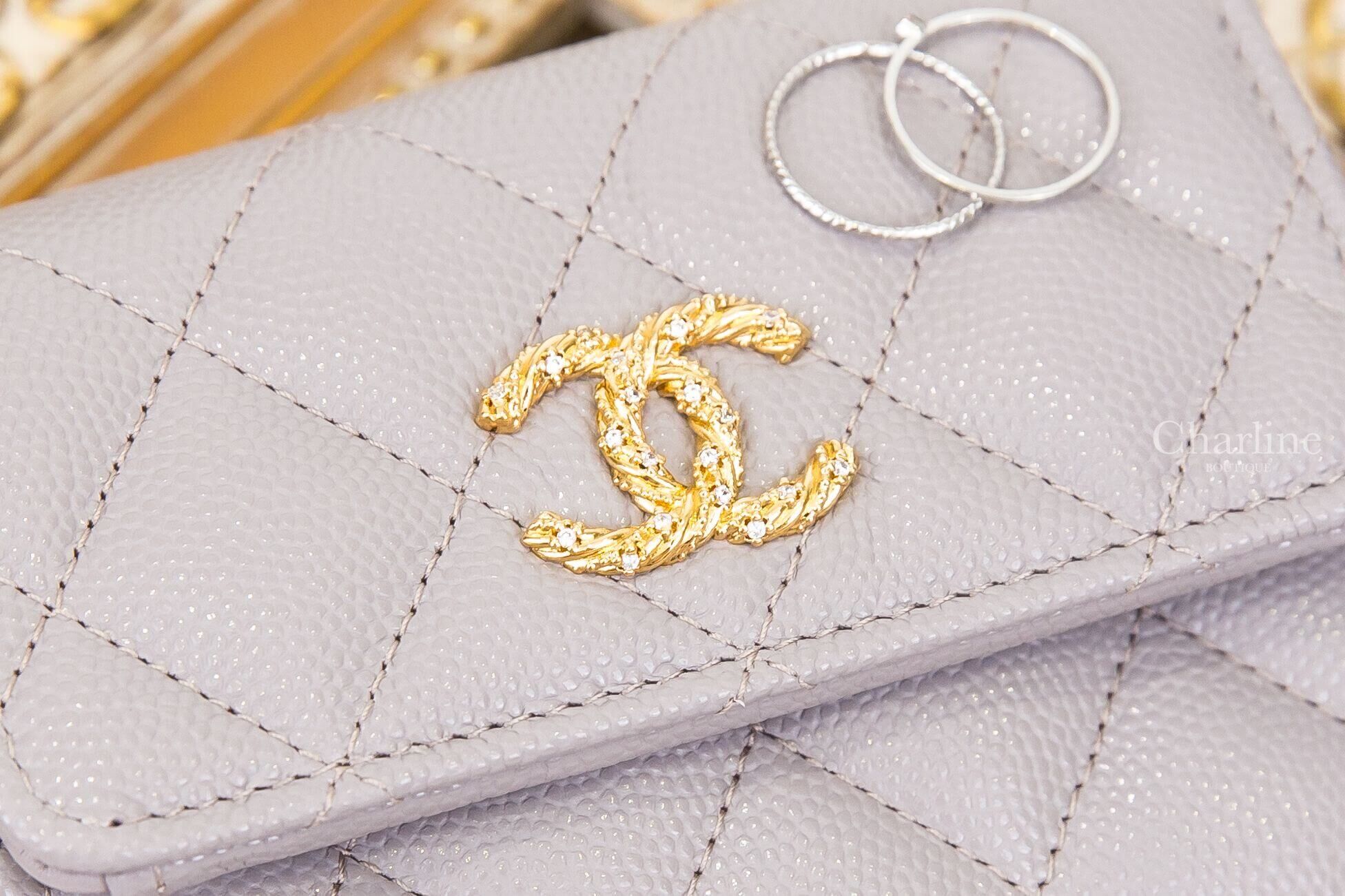 Chanel Small Double Wallet 灰色扭轉交織水鑽點綴金CC荔枝菱格紋三折短夾
