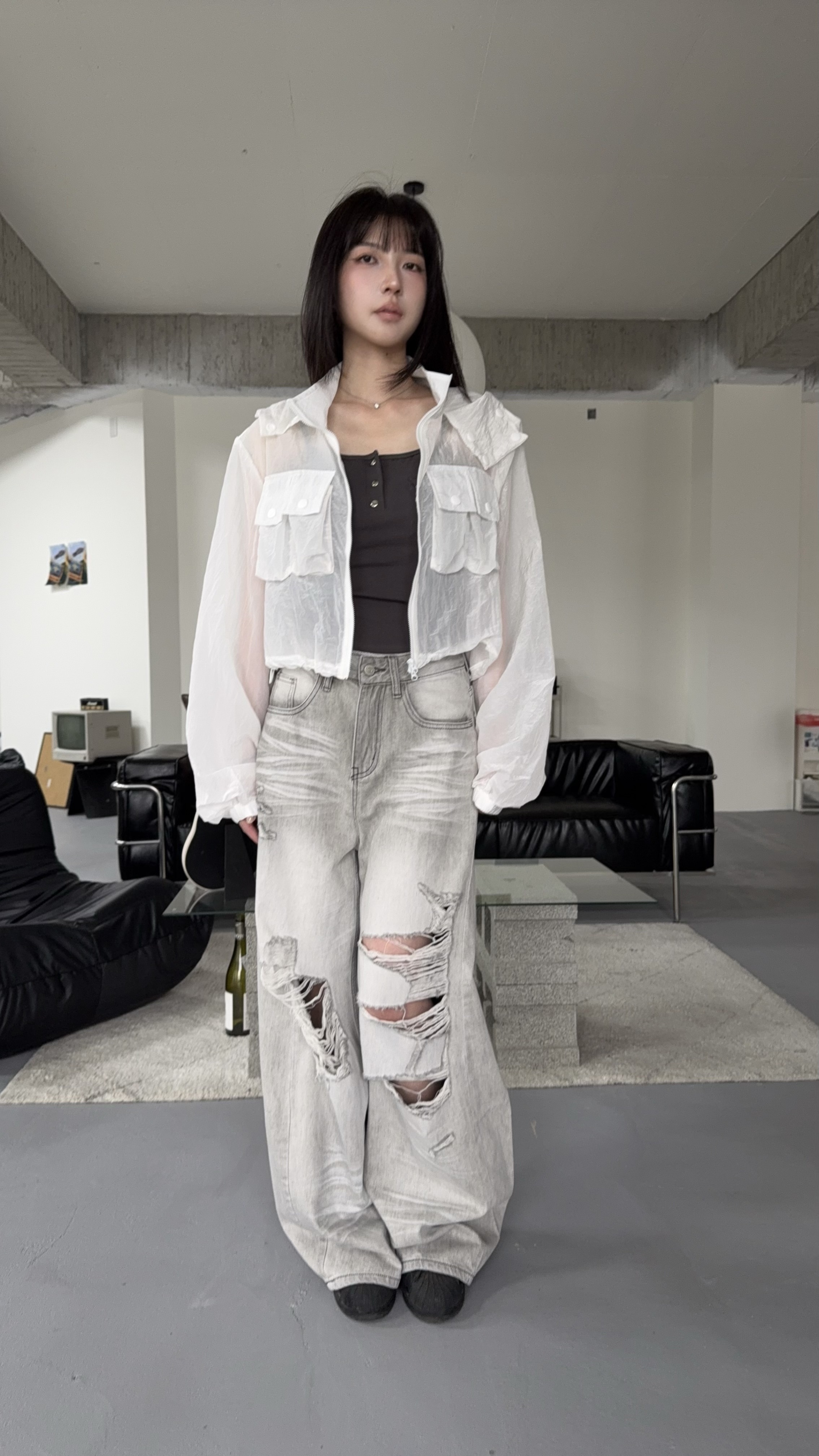 冷調漸層灰-割破造型寬褲