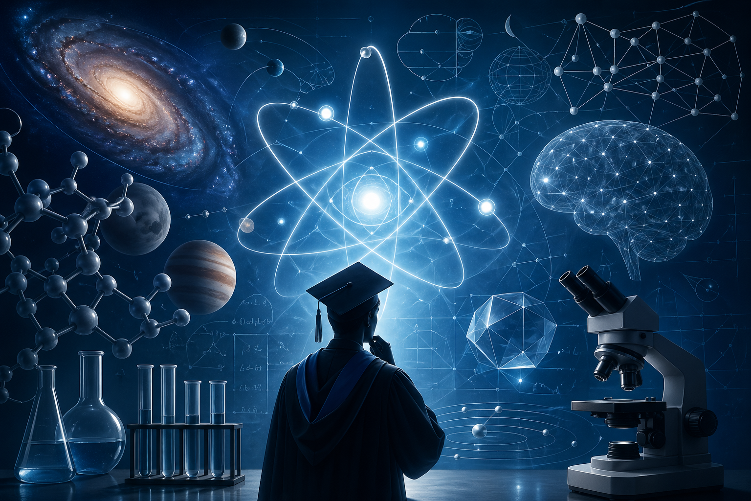 AI 生成示意圖，身著學士袍的研究者背對鏡頭凝視巨大發光原子模型，周圍環繞星系、行星、分子結構、神經網路腦圖、顯微鏡與燒杯等科學符號，呼應 GPQA 基準測試涵蓋物理、化學、生物等跨領域專家級題目的概念。
