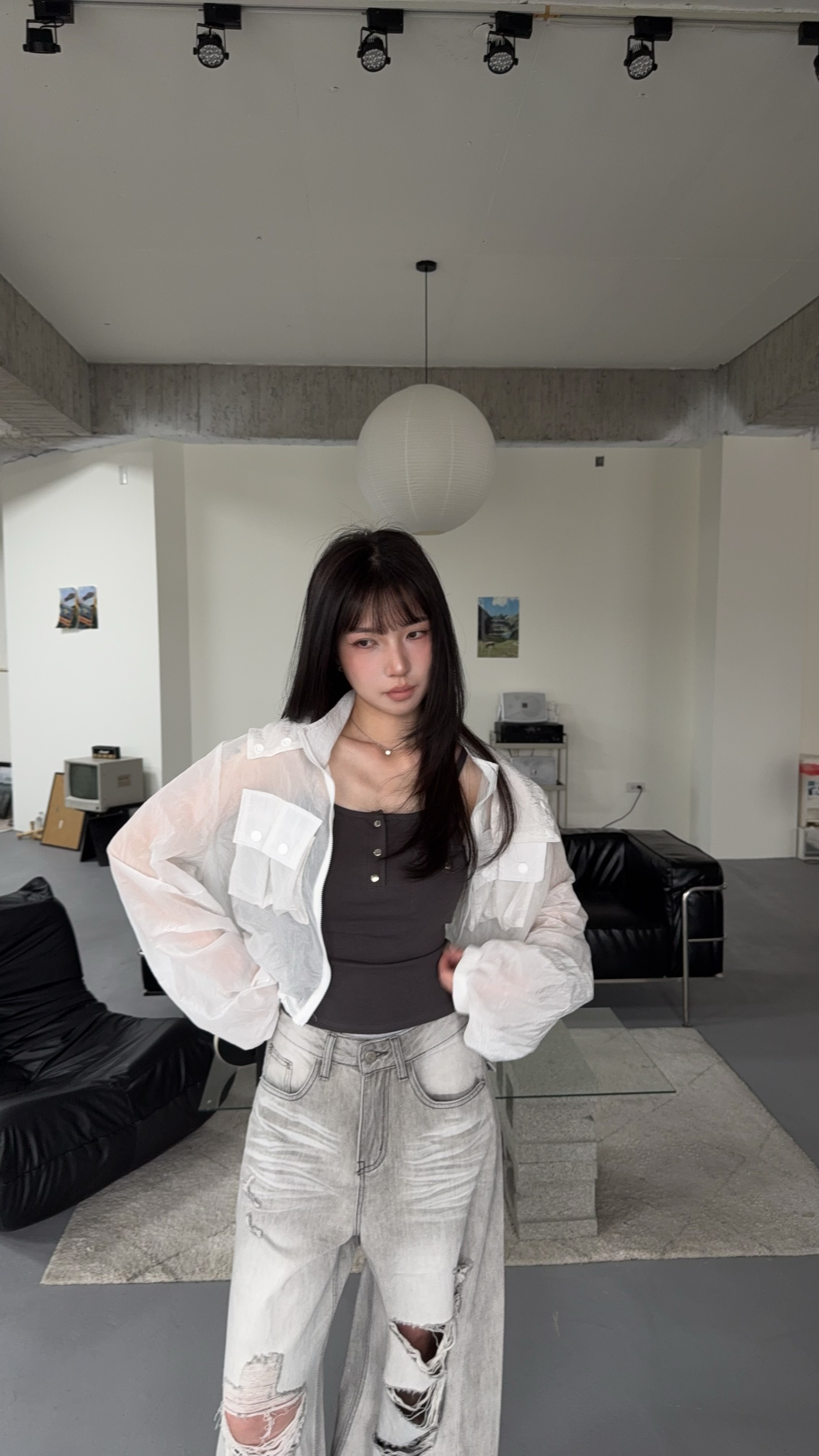 工裝抓皺感-連帽雙拉鏈透膚外套